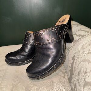 Sofft Black Leather Studded Clog Mules